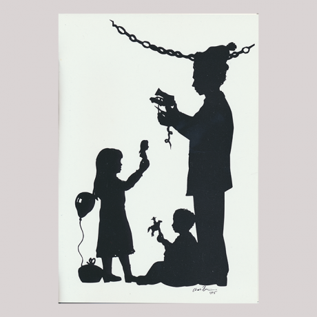 
        Front of silhouette, with man on the right who is cutting a silhouette, in the center a seated boy and on the left a girl looking right.